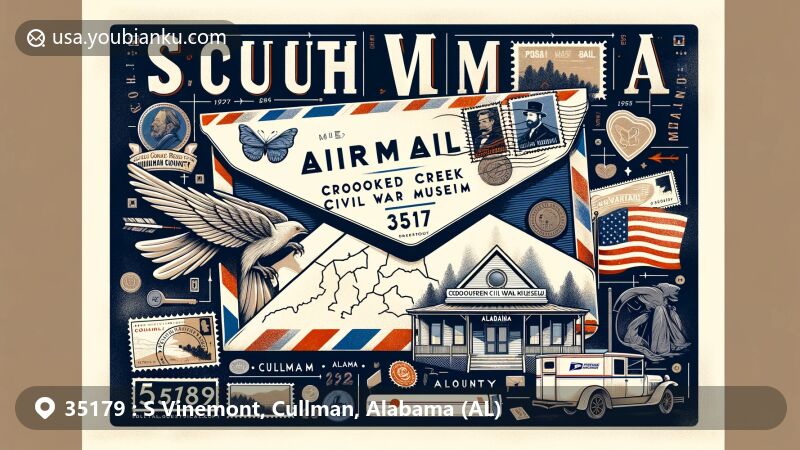 Modern illustration of South Vinemont, Cullman County, Alabama, featuring airmail envelope with stamps, postmarks, and ZIP code 35179, showcasing Crooked Creek Civil War Museum, Alabama state flag, and Cullman County geography.