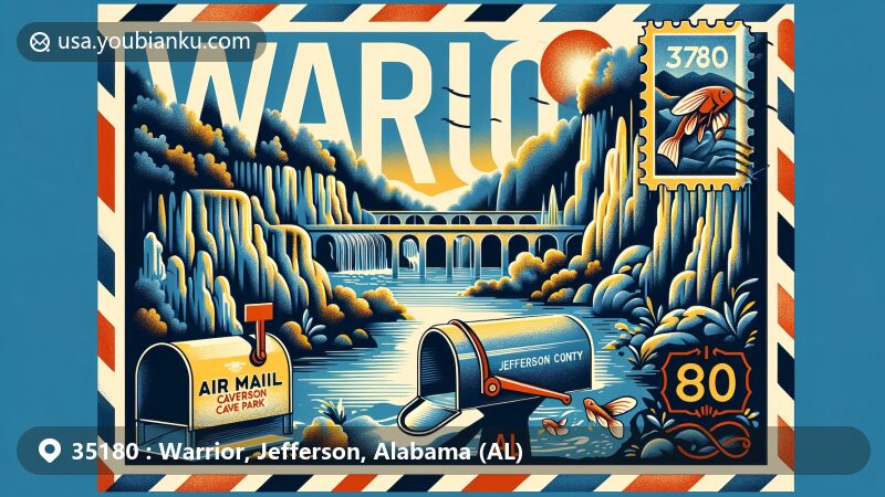 Modern illustration of Warrior, Jefferson County, Alabama, with Rickwood Caverns State Park featuring limestone formations, blind cave fish, and an underground pool, integrated with airmail envelope design and state flag of Alabama.