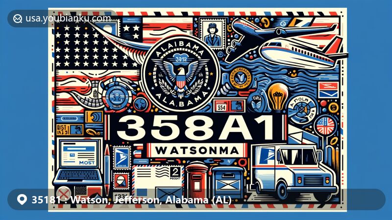Modern illustration of Watson, AL, Alabama, featuring postal theme with ZIP code 35181, combining state symbols like state flag with postal elements such as postcard or air mail envelope, stamp, postmark, mailbox, and mail truck.