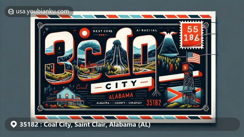 Captivating illustration of Coal City, Saint Clair, Alabama (AL), representing ZIP code 35182. Featuring verdant landscapes, Appalachian foothills silhouette, coal mine entrance, and Alabama state flag in a vintage-modern style, highlighting the city's serene beauty and coal mining heritage.