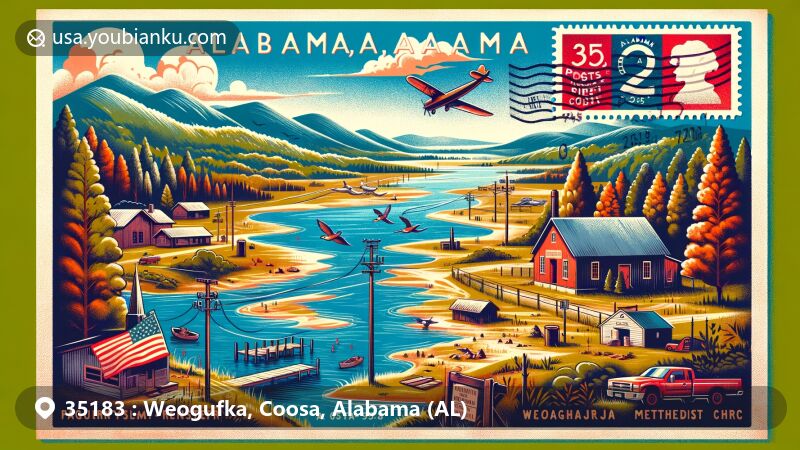 Modern illustration of Weogufka, Coosa, Alabama, highlighting natural beauty, landmark buildings, and postal characteristics, including outdoor activities like fishing and hiking.