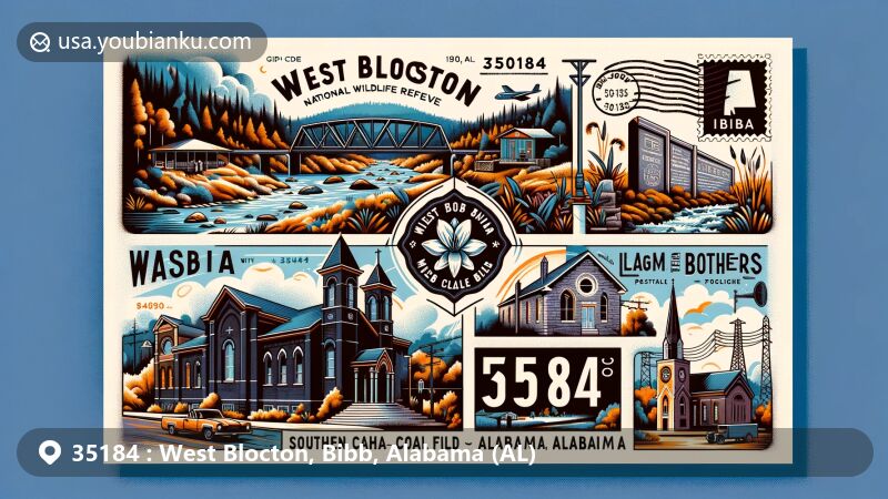Modern illustration of West Blocton, Bibb County, Alabama, representing postal code 35184, featuring Cahaba River National Wildlife Refuge, historical coal mining elements, Italian Catholic Cemetery, League of Brothers Synagogue, and Cahaba Lily Festival, with postal motifs like stamp, ZIP Code, envelope, and postmark.