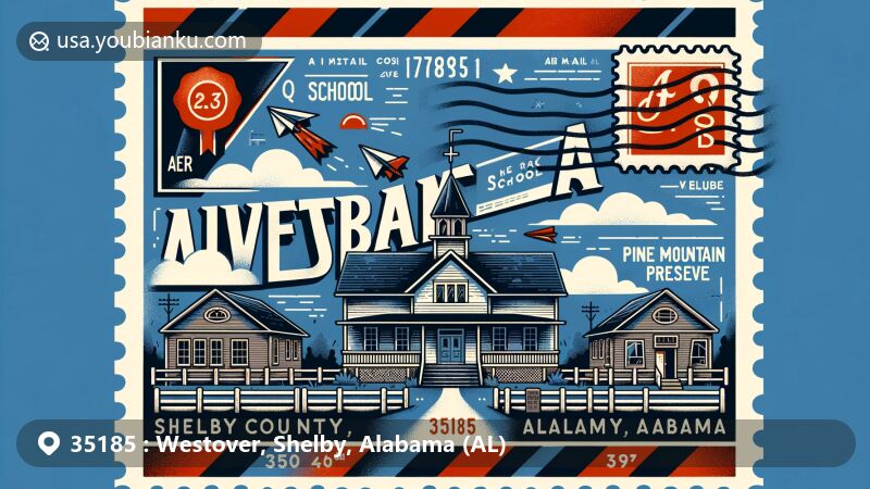 Modern illustration of Westover, Shelby County, Alabama, featuring a creatively designed postcard with elements representing local culture and landmarks like the Old Rock School and Pine Mountain Preserve.