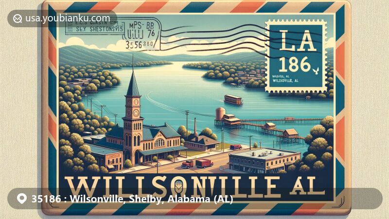 Modern illustration of Wilsonville, Alabama, featuring Lay Lake, E.C. Gaston Steam Plant, and vintage airmail envelope with postal elements, blending town's charm and historical significance.