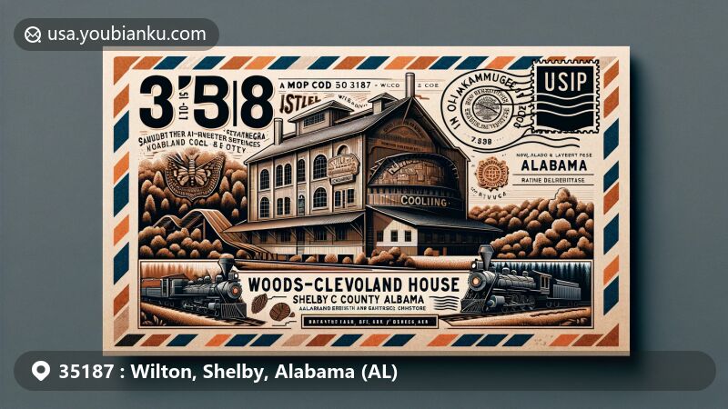 Modern illustration of Wilton, Shelby County, Alabama, showcasing postal theme with ZIP code 35187, featuring Woods-Cleveland-Cooling House and local natural landscape.