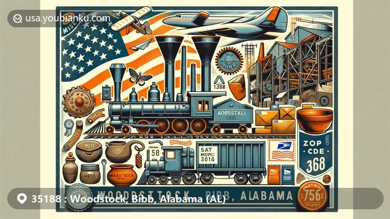 Modern illustration of Woodstock, Bibb County, Alabama, capturing the essence of ZIP Code 35188 with historical and postal themes, featuring ironworks, railroads, clay pottery, vintage postal elements, and Alabama state flag.