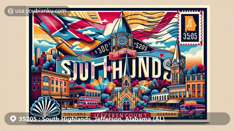 Modern illustration of South Highlands, Jefferson County, Alabama, highlighting ZIP code 35205 area with Five Points South Historic District, St Mary’s On The Highlands Episcopal Church, and Alabama state flag.