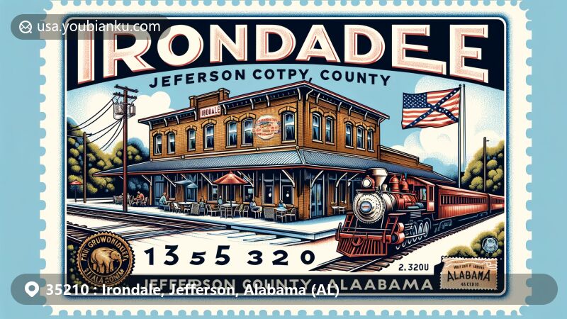 Modern illustration of Irondale, Jefferson County, Alabama, highlighting Irondale Cafe from the novel 'Fried Green Tomatoes at the Whistle Stop Cafe' and Train Watching Platform, incorporating Alabama state symbols and vintage postcard elements, with ZIP code 35210.