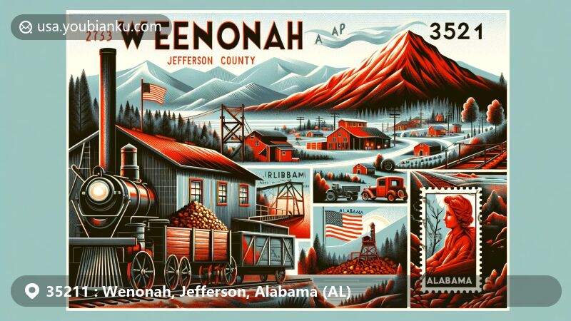 Modern illustration of Wenonah, Jefferson County, Alabama, showcasing historical connection to iron ore mining with vintage mining camp, ore cart, and Red Mountain landscape, featuring Alabama state flag and postal elements.