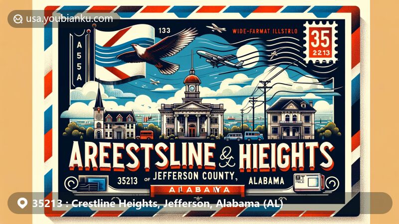 Modern illustration of Crestline Heights, Jefferson, Alabama, showcasing postal theme with ZIP code 35213, featuring landmarks, the Alabama state flag, Jefferson County outline, vintage postcard design, postage stamp, and postmark.