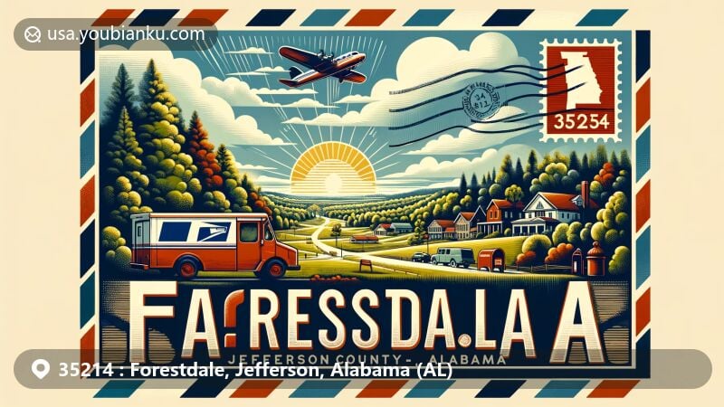 Modern illustration of Forestdale, Jefferson County, Alabama, fusing postal elements within a vintage air mail theme, showcasing lush greenery, residential areas, and suburban charm, with Alabama outline and state flag in the background.