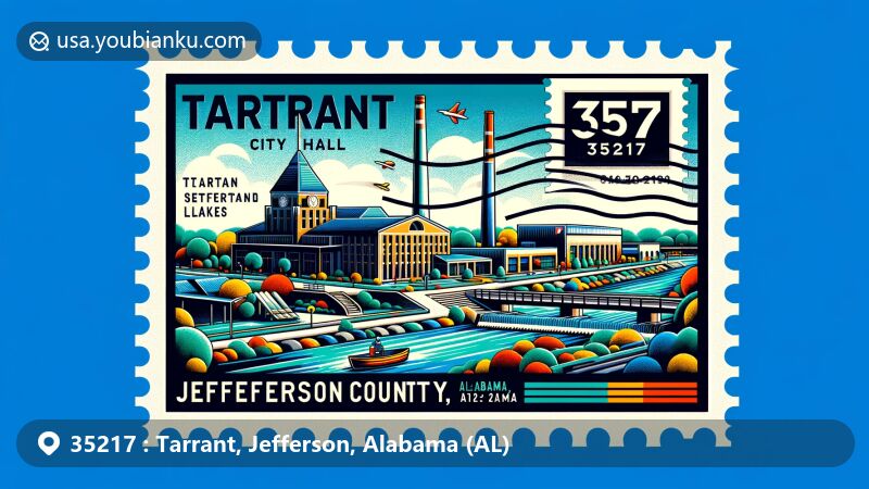 Modern illustration of Tarrant, Jefferson County, Alabama, highlighting local landmarks like Tarrant City Hall and natural spots such as Ketona Lakes, North Lake, and Barton Branch, with vibrant postal elements and a design featuring the ABC Coke plant, symbolizing Tarrant's industrial significance.