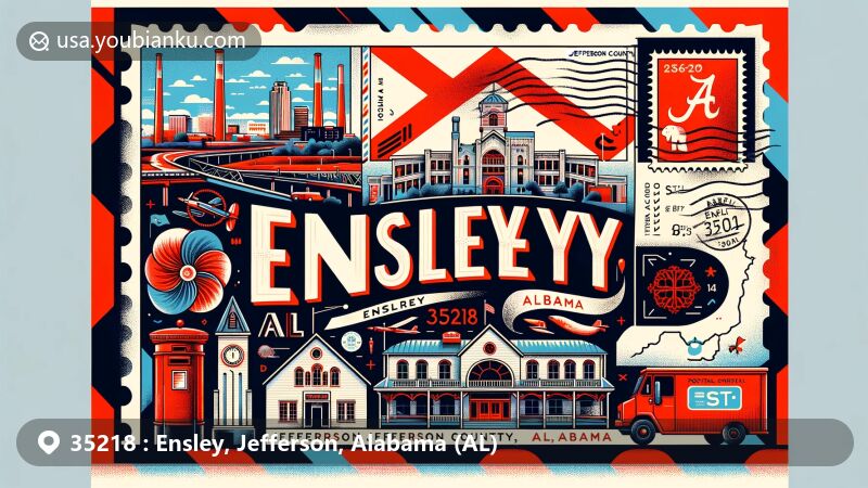 Modern illustration of Ensley, Jefferson County, Alabama, representing ZIP code 35218 with artistic flair and cultural significance, showcasing Alabama state symbols such as the flag, Jefferson County outline, and local landmarks.