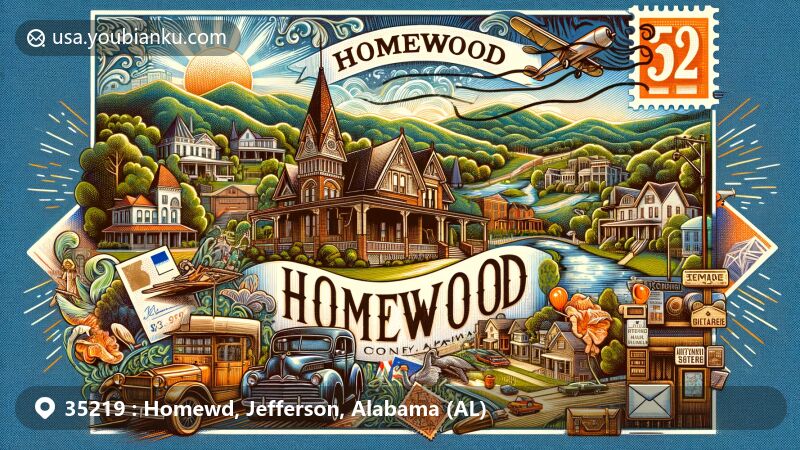 Creative illustration of Homewood, Jefferson County, Alabama, with ZIP code 35219, highlighting Rosedale Historic District and Hollywood Historic District architecture.