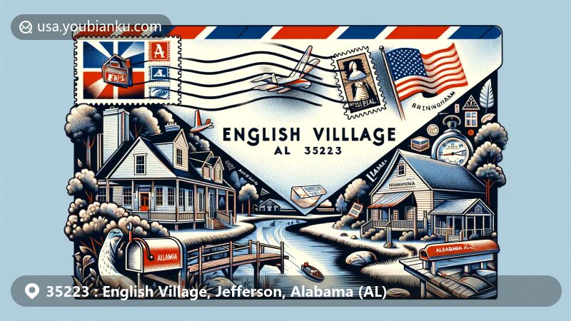 Modern illustration of English Village, Alabama, ZIP Code 35223, with airmail envelope, stamps, and state symbols, showcasing Birmingham's cultural and natural wealth.