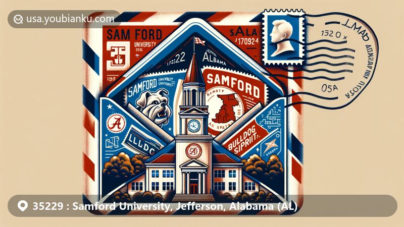 Modern illustration of Samford University, Jefferson, AL, featuring air mail envelope with Harwell Goodwin Davis bell tower and bulldog spirit mark, incorporating Alabama state flag and postal elements.