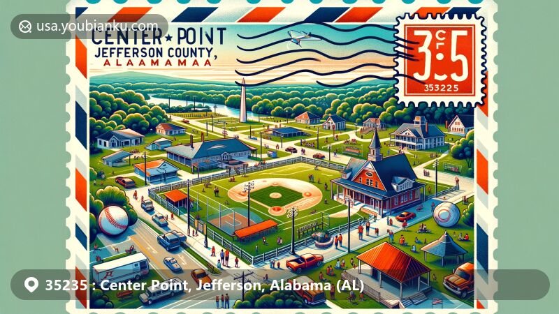 Modern illustration of Center Point, Jefferson County, Alabama, capturing the essence and key features of the area, including Reed-Harvey Park with various sports facilities, picnic areas, and historical landmarks like the Rock School. The design represents the diverse and resilient community spirit of Center Point.