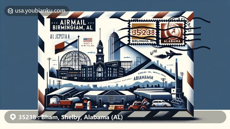 Modern illustration of Birmingham, Shelby County, Alabama, featuring airmail envelope with ZIP code 35238, showcasing Shelby Iron Works and The American Village, along with Alabama state flag stamp and postal elements.