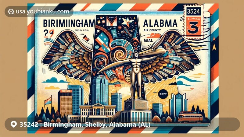Modern illustration of Birmingham and Shelby County in Alabama highlighting the postal theme with ZIP code 35242, featuring iconic landmarks like the Vulcan statue and incorporating regional symbols.