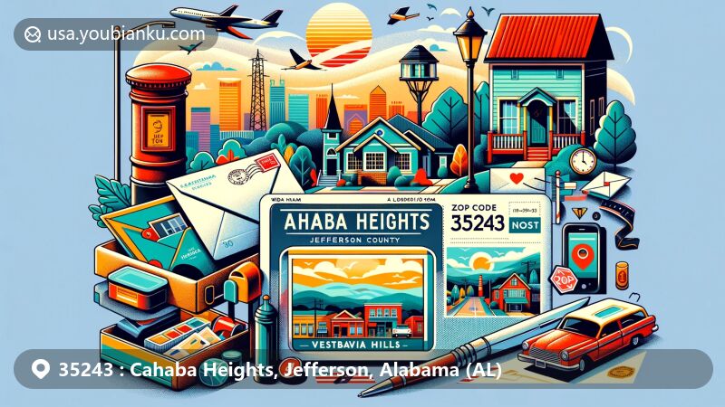 Modern illustration of Cahaba Heights, Jefferson County, Alabama, reflecting community spirit and postal elements for ZIP code 35243, featuring historical landmarks and vintage mailbox and postcard.