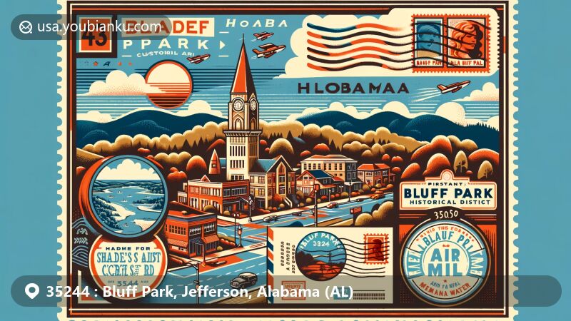 Vintage-style illustration of Bluff Park in Hoover, Alabama, with a postal theme showcasing Shades Crest Road Historical District and iconic views, air, and water.