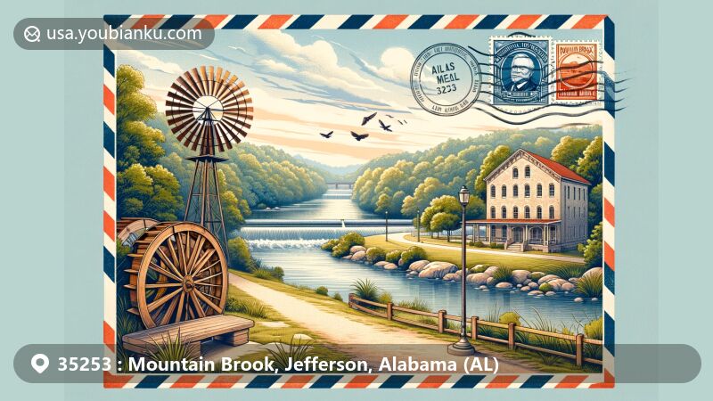 Modern illustration of Mountain Brook, Alabama, highlighting Jemison Park and Cahaba River, with the iconic Old Mill and vintage air mail envelope featuring Alabama state flag and city emblem.