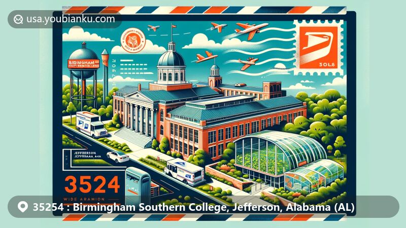 Modern illustration of Birmingham Southern College, Jefferson, Alabama, for ZIP code 35254, featuring iconic buildings, the Southern Environmental Center with museum and EcoScape garden, and postal elements like a stamp, postmark, ZIP Code, mailbox, and mail truck.