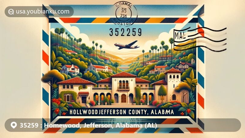 Creative wide-format illustration of Homewood, Jefferson County, Alabama, inspired by airmail envelope theme with Hollywood Historic District architecture, Shades Creek, and Alabama state flag.