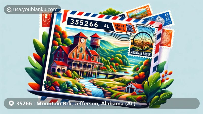 Modern illustration of Mountain Brook, Jefferson County, Alabama, highlighting unique features and landmarks of ZIP code 35266. Includes Shades Creek Mill House, lush scenery, and affluent community vibe, integrated with postal elements like retro airmail envelope with ZIP code, stamps celebrating local landmarks, and postmark from Mountain Brook, AL. Vibrant and modern style suitable for digital platforms, conveying city's upscale essence.