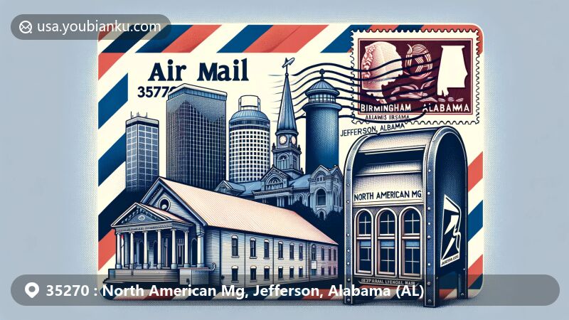 Illustration of Birmingham's air mail envelope with iconic buildings like Birmingham Civil Rights Institute, Alabama state flag, and coat of arms. Features stamp with '35270' and 'AL,' postmark 'North American Mg, Jefferson, Alabama,' and iconic American mailbox.