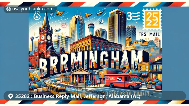 Modern illustration of Birmingham, Alabama, depicting urban vibrancy and postal theme with ZIP code 35282, featuring iconic landmarks like Birmingham Civil Rights Institute and 16th Street Baptist Church.