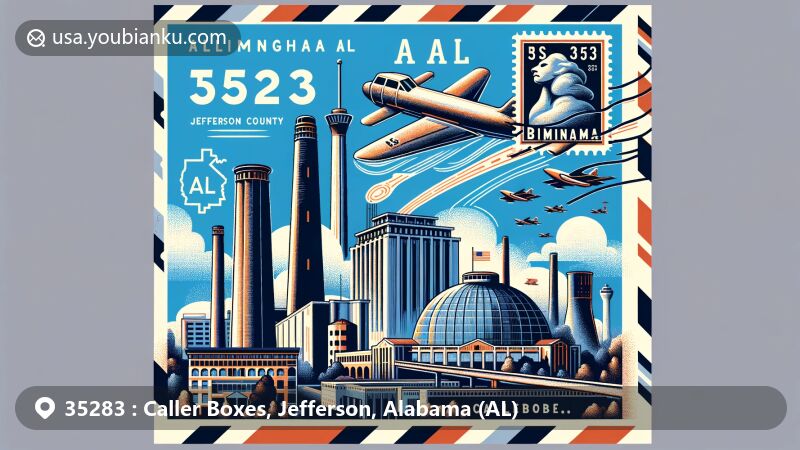 Modern illustration of Caller Boxes area, Jefferson County, Alabama, with vintage air mail envelope showcasing ZIP code 35283. Features Birmingham landmarks including Vulcan statue and Sloss Furnaces, Alabama state symbols, and Jefferson County map outline.