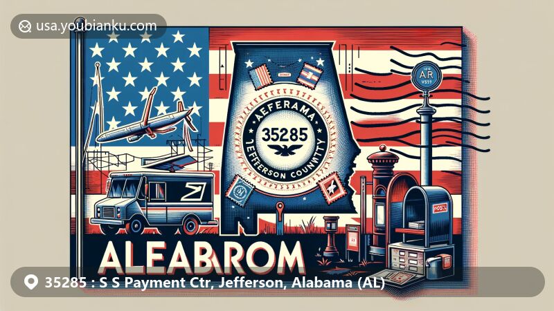 Modern illustration of S S Payment Ctr, Jefferson, Alabama showcasing postal theme with ZIP code 35285, featuring Alabama state flag and postal elements.