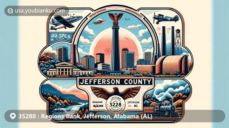 Modern illustration of Regions Bank area in Jefferson County, Alabama, featuring vintage air mail envelope design with Birmingham skyline, Vulcan statue, Sloss Furnaces, Black Warrior River, Cahaba River, Ruffner Mountain, and Turkey Creek Nature Preserve.