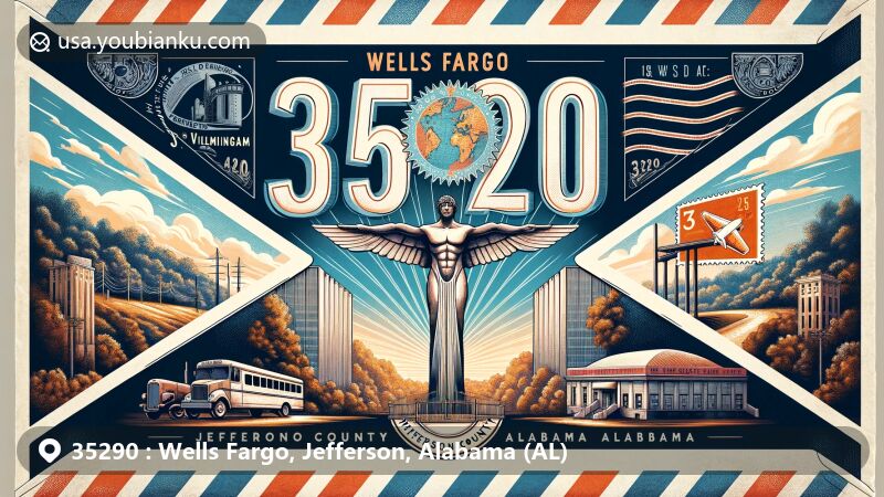 Modern illustration of Wells Fargo, Jefferson County, Alabama, depicting postal theme with ZIP code 35290, featuring Vulcan Statue, Jefferson County map, Alabama state flag stamp, and vintage postal elements.