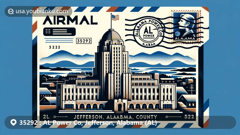 Modern illustration featuring airmail envelope with Alabama and Jefferson County geography, highlighting iconic Art Deco skyscraper of Alabama Power Company, ZIP code 35292, Alabama state flag stamp, and postmark.