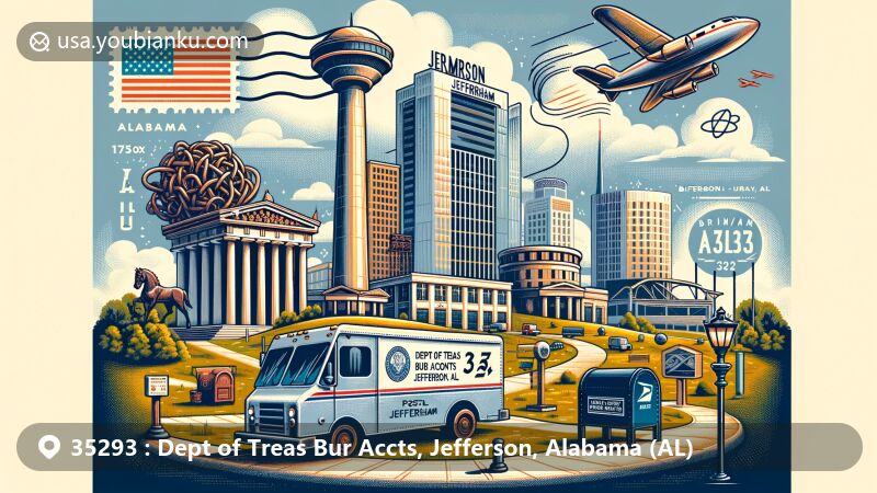 Modern illustration of Jefferson, Alabama, showcasing iconic landmarks like the Vulcan statue and Birmingham Civil Rights Institute, in an air mail envelope style with Alabama state flag stamp, depicting the Dept of Treas Bur Accts with vintage postal elements and ZIP code 35293.
