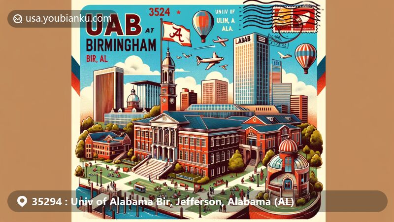 Modern illustration of University of Alabama at Birmingham (UAB) in ZIP code 35294, highlighting academic and medical significance with Campus Green, medical center, and students. Features Alabama state flag, Jefferson County outline, vintage airmail envelope, stamps, and '35294 Univ of Alabama Bir, AL' postmark.