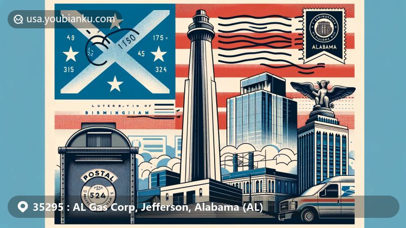 Modern illustration of Birmingham, Alabama, with postcard design featuring the state flag, Vulcan Statue, ZIP Code 35295, vintage postmark, mailbox, and postal van.