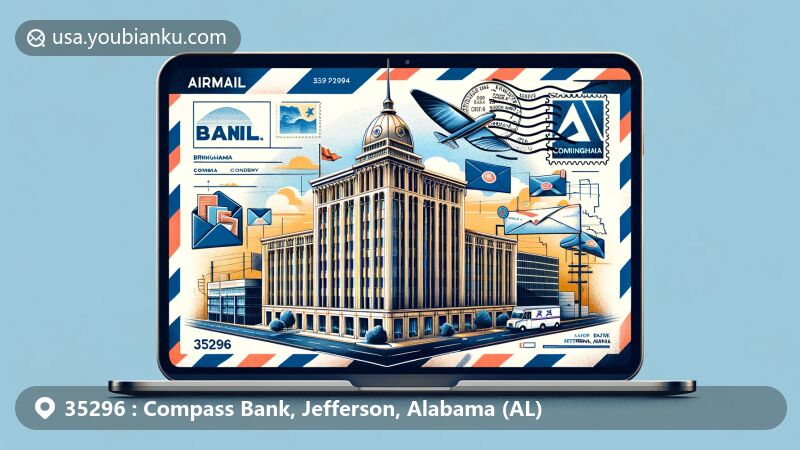 Modern illustration of Compass Bank, Jefferson, Alabama, with airmail envelope background, Daniel Building, Alabama state flag, Jefferson County outline, postal elements, and ZIP Code 35296.