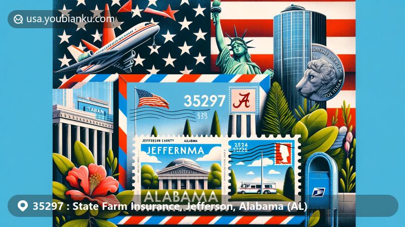 Modern illustration showcasing postal theme with ZIP code 35297, featuring Alabama state flag, airmail envelope with Jefferson County outline and Longleaf Pine/Camellia stamp, Birmingham landmark backdrop, American mailbox and postal van.