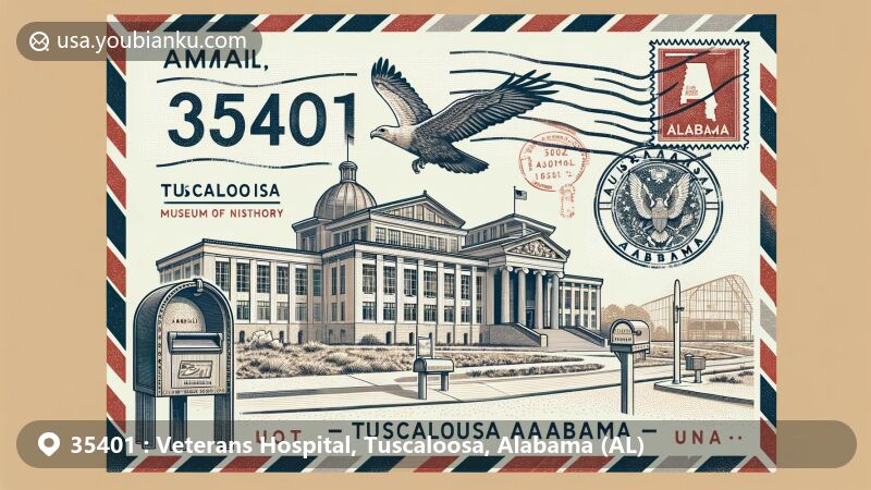 Modern illustration of Tuscaloosa, Alabama, featuring postal theme with ZIP code 35401, showcasing Alabama Museum of Natural History and postal elements.