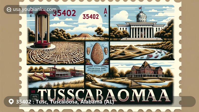Modern illustration of Tuscaloosa, Alabama, featuring Denny Chimes, President's Mansion of The University of Alabama, Moundville Archaeological Park with earthen mounds and Rattlesnake Disc, Jemison-Van de Graaff Mansion, and Tuscaloosa Riverwalk along the Black Warrior River, embracing educational legacy, cultural heritage, ancient Mississippian culture, architectural grandeur, and natural beauty.