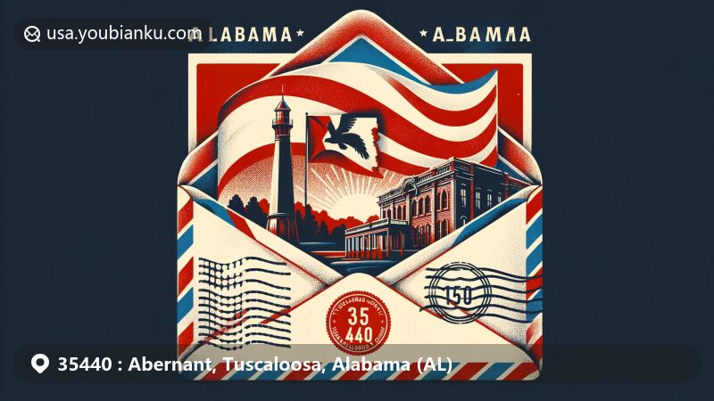 Creative illustration of Abernant, Tuscaloosa County, Alabama, blending vintage postal elements with state flag and local landmarks, highlighting ZIP code 35440.