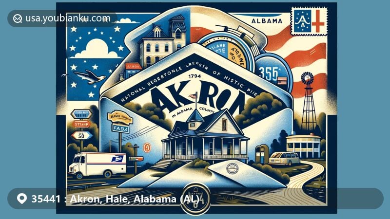 Creative illustration of Akron, Hale County, Alabama, featuring airmail envelope with ZIP code 35441, symbolizing Akron's history and regional identity, including Tanglewood and Alabama state symbols.