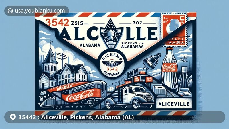Modern illustration of Aliceville, Pickens County, Alabama, showcasing postal theme with ZIP code 35442, featuring landmarks like Camp Aliceville and Coca-Cola bottling plant.