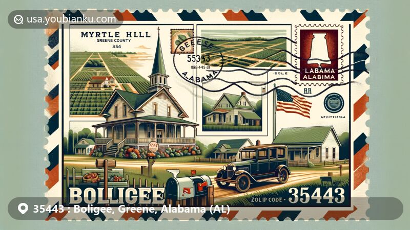 Modern illustration of Boligee, Greene County, Alabama, featuring Myrtle Hill, Bethsalem Presbyterian Church, and agricultural landscape, with vintage postcard elements and Alabama state flag stamp.