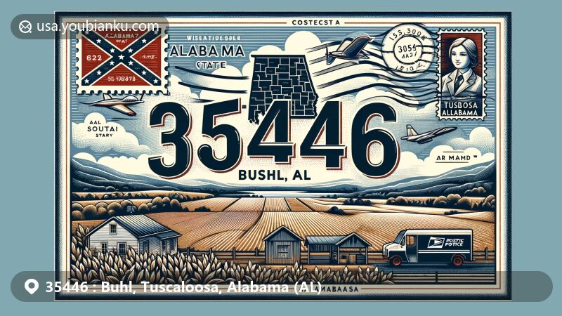 Modern illustration of Buhl, Tuscaloosa County, Alabama, inspired by postal theme with ZIP code 35446, featuring Alabama state outline, Tuscaloosa County highlighted, rural elements like fields, flora, and state flag.