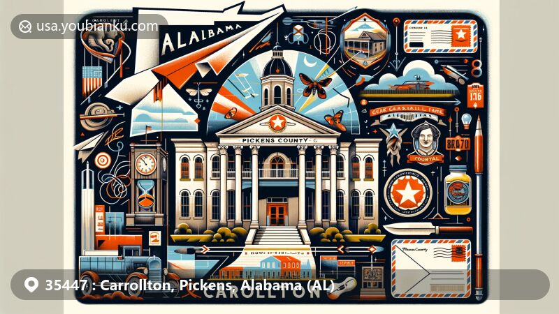 Modern illustration of Carrollton, Pickens County, Alabama, showcasing historical and cultural elements, highlighting Pickens County Courthouse and 'Face in the Window,' with symbolic references to Alabama's outline and Carrollton's founding in 1831.