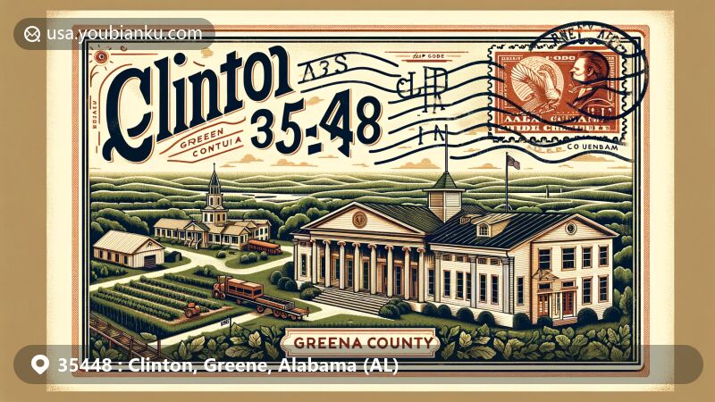 Modern illustration of Clinton, Greene County, Alabama, with postal theme for ZIP code 35448, featuring Masonic Temple, outline of Greene County, Alabama state flag, and Greene County Courthouse, blended with natural landscape elements like lush greenery and Warrior River.